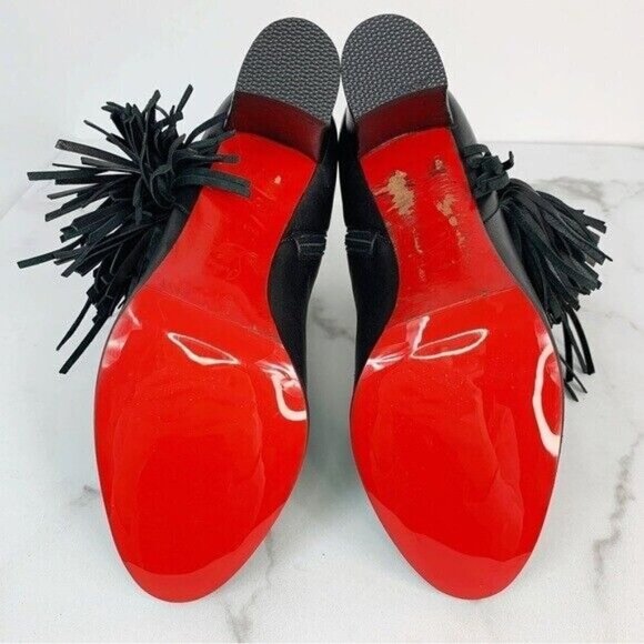 Christian Louboutin Jimmynetta Black Calfskin Leather Fringe Ankle Chelsea Boot - Picture 12 of 16